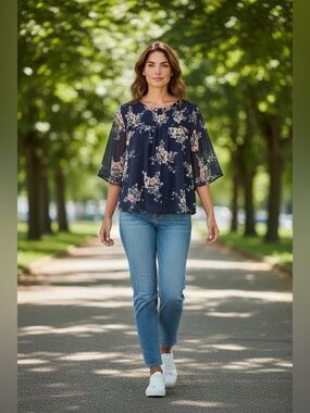 BloomChic Navy Floral Peasant Blouse